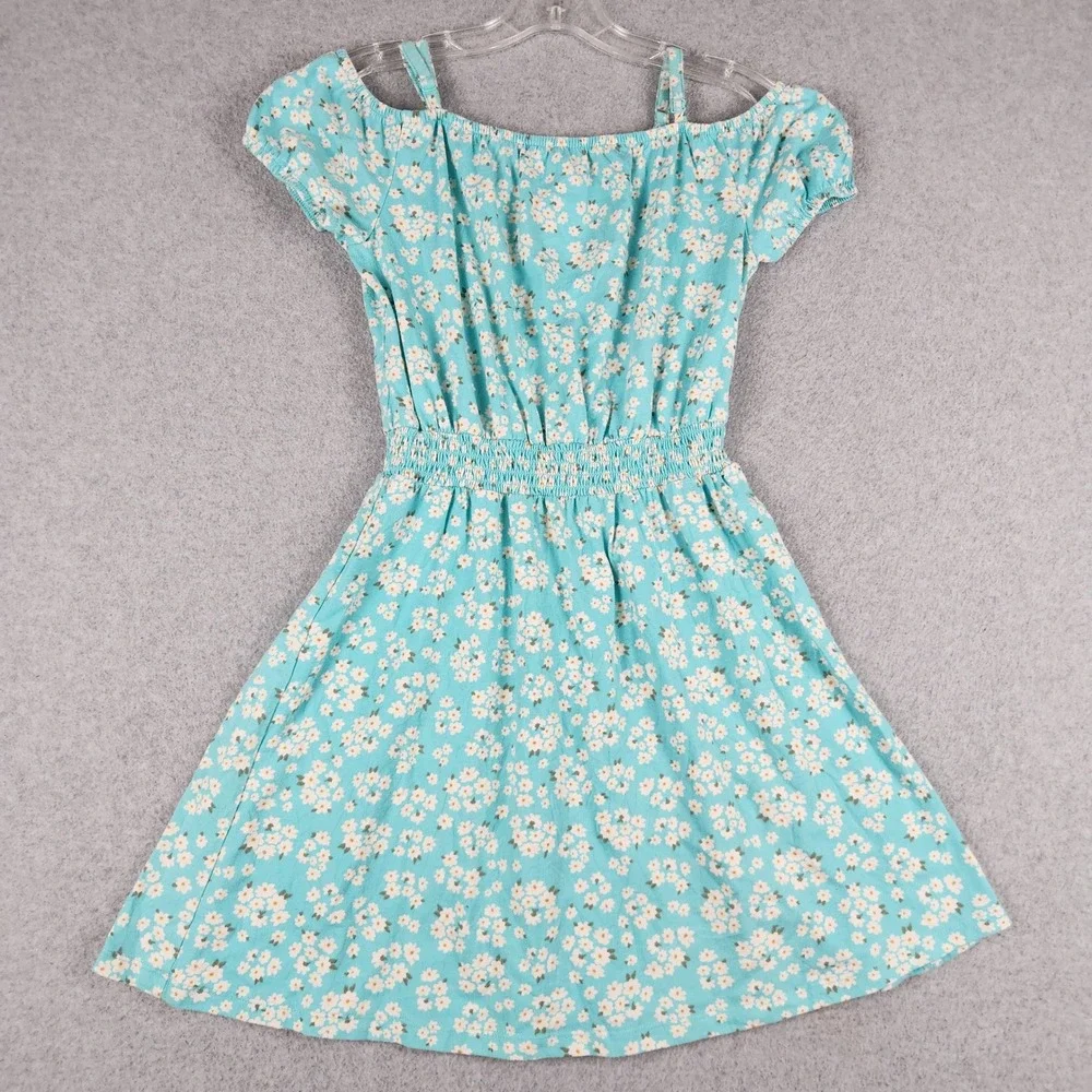 SO Fit & Flare Dress Girls XL 14/16 Blue Floral Boho Cold Shoulder Smocked Waist